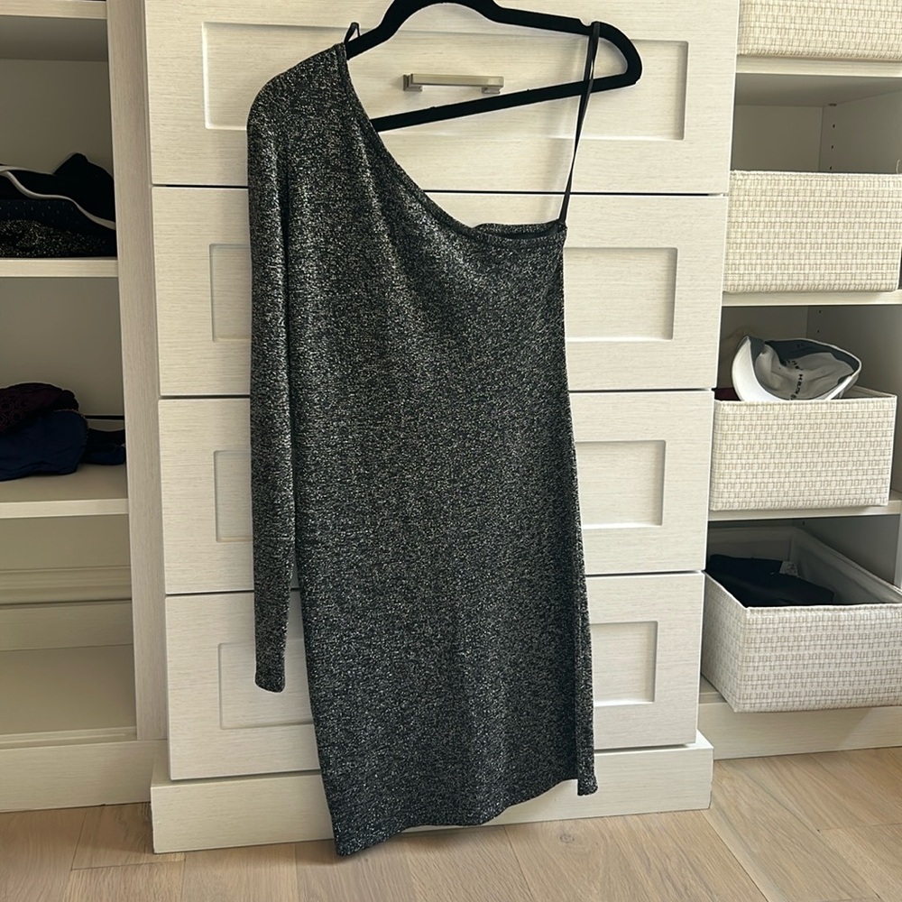 BCBG one shoulder, long sleeve dress